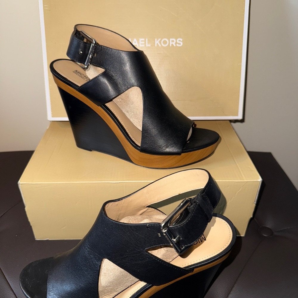 Michael Kors Black Leather Wedges with Tan Accents